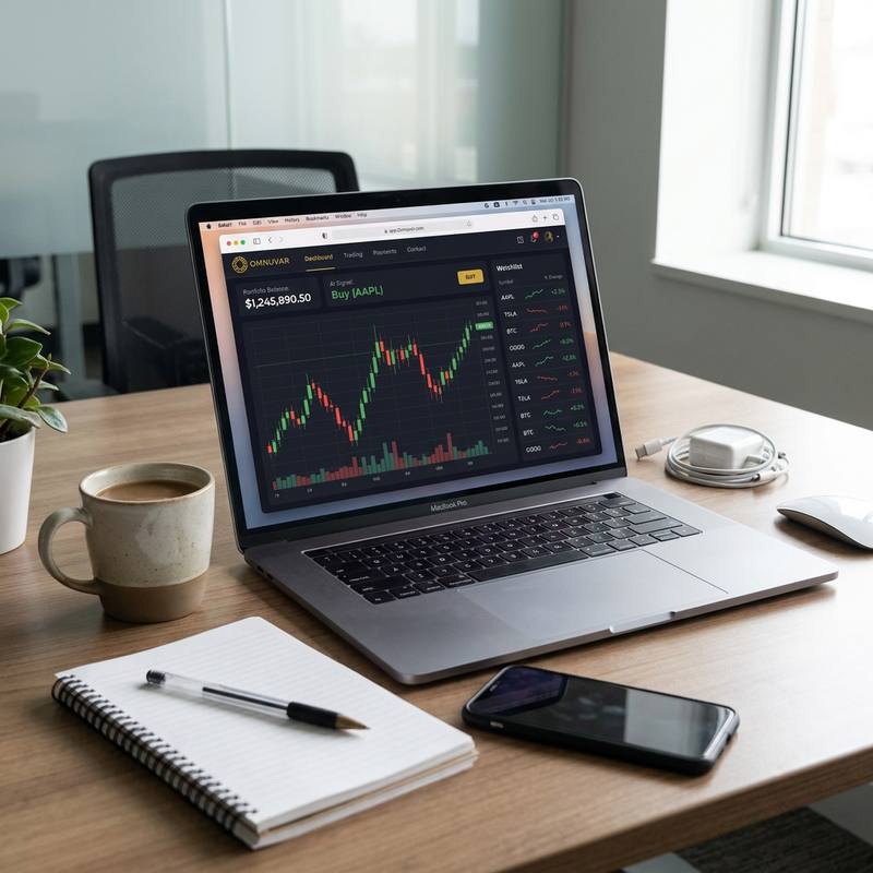 The Omnuvar terminal open on a laptop, showing a candlestick chart, portfolio balance and a watchlist of tracked instruments