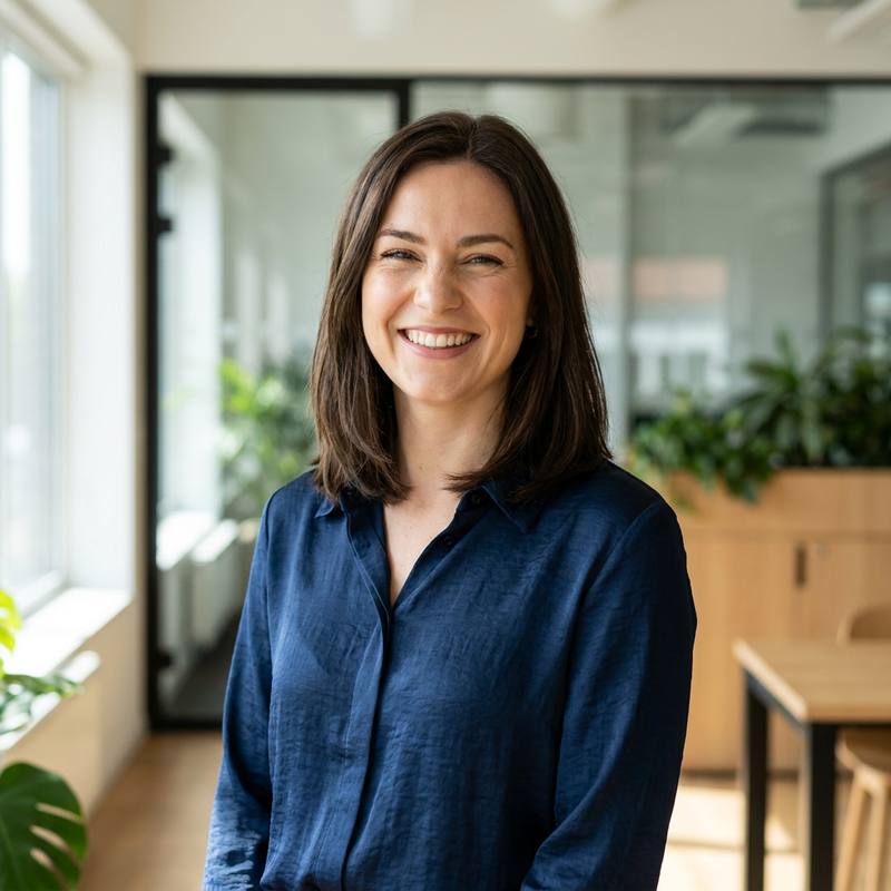 An Omnuvar client adviser in a bright glass-walled office