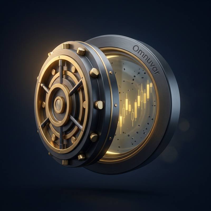 A gold and gunmetal vault door carrying the Omnuvar mark, its window glowing with a rising candlestick chart