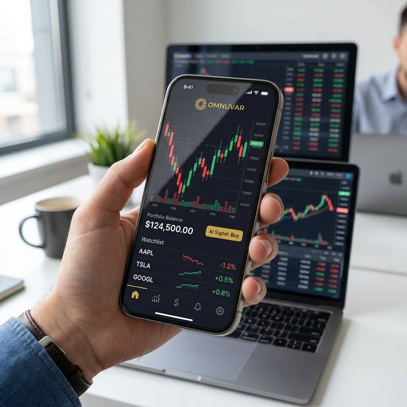 A hand holding a phone running the Omnuvar mobile app, showing a candlestick chart, portfolio balance and a watchlist, with trading terminals behind