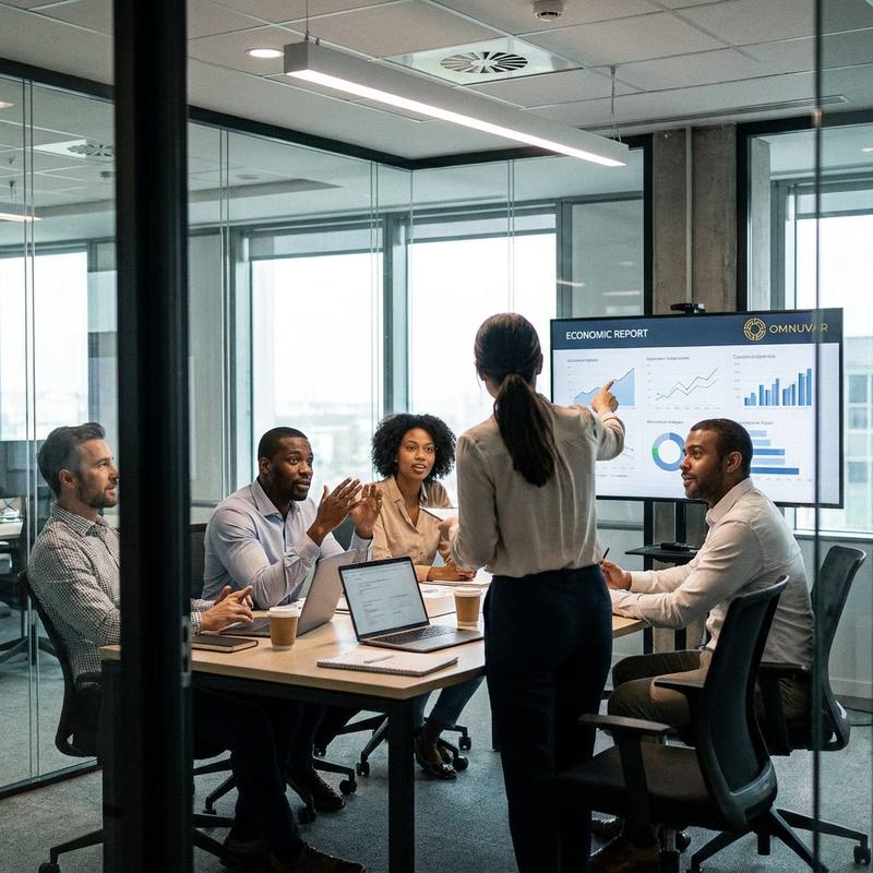 An Omnuvar research review in progress: a colleague presenting an economic report dashboard on a wall screen to four seated members of the team